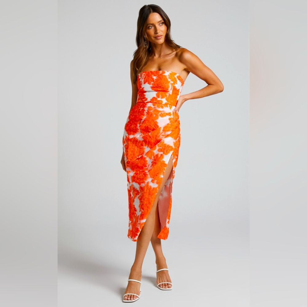 Showpo Orange and White Strapless Dress